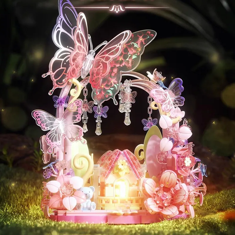 Moonlight Society Sakura Tree House Building Blocks with LED Lights DIY Flower Model Kit Girls Birthday Gift