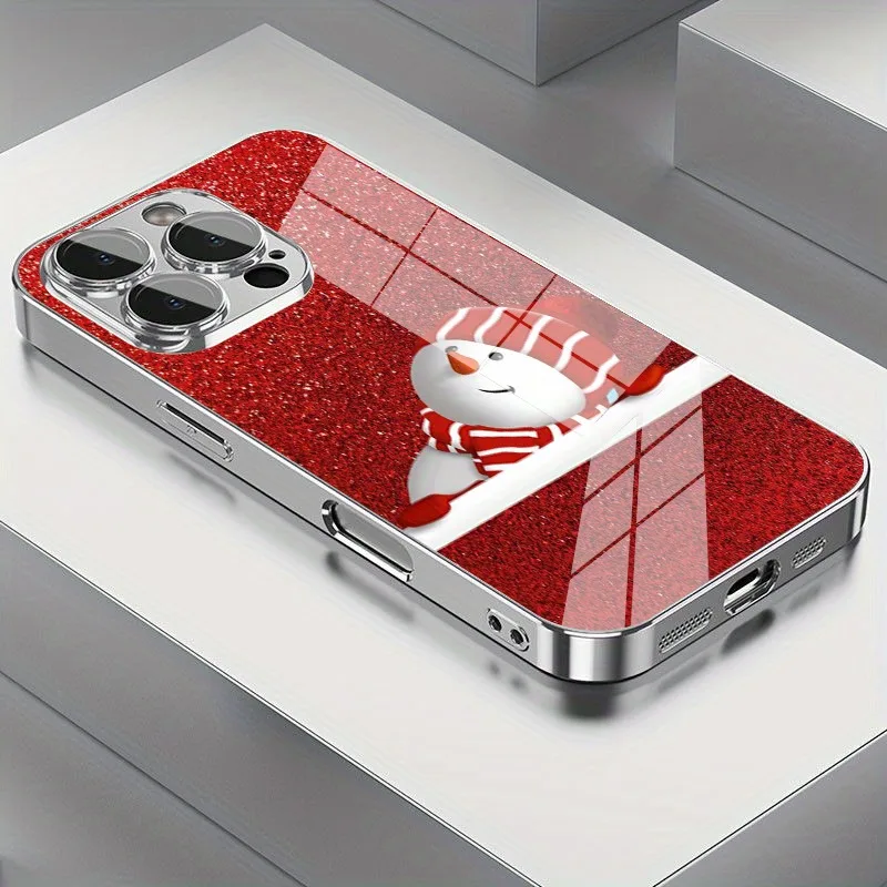 Casing Ponsel Berpola Natal Santa Claus Manusia Salju Berlapis Kaca Elektroplating Untuk iPhone 17 16 15 14 13 12 Pro Max Plus 16E 17 Air Cover