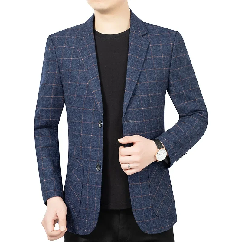 New Spring Men Blue Plaid Blazers Jackets Male Korean Design Suits Coats Business Casual Slim Blazers Coats Men\'s Clothing 4XL