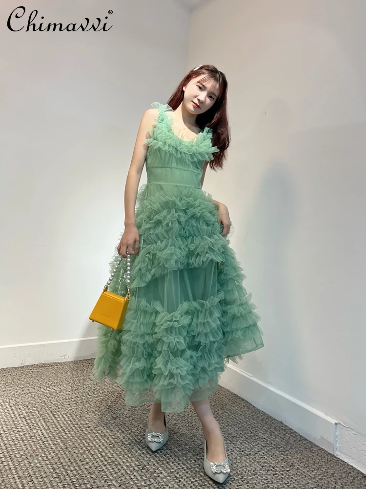 Multi-Layer Ruffled Evening Dress Women High-End Fashion Banquet Sleeveless High Waist Slimming Temperament Party Long Dress