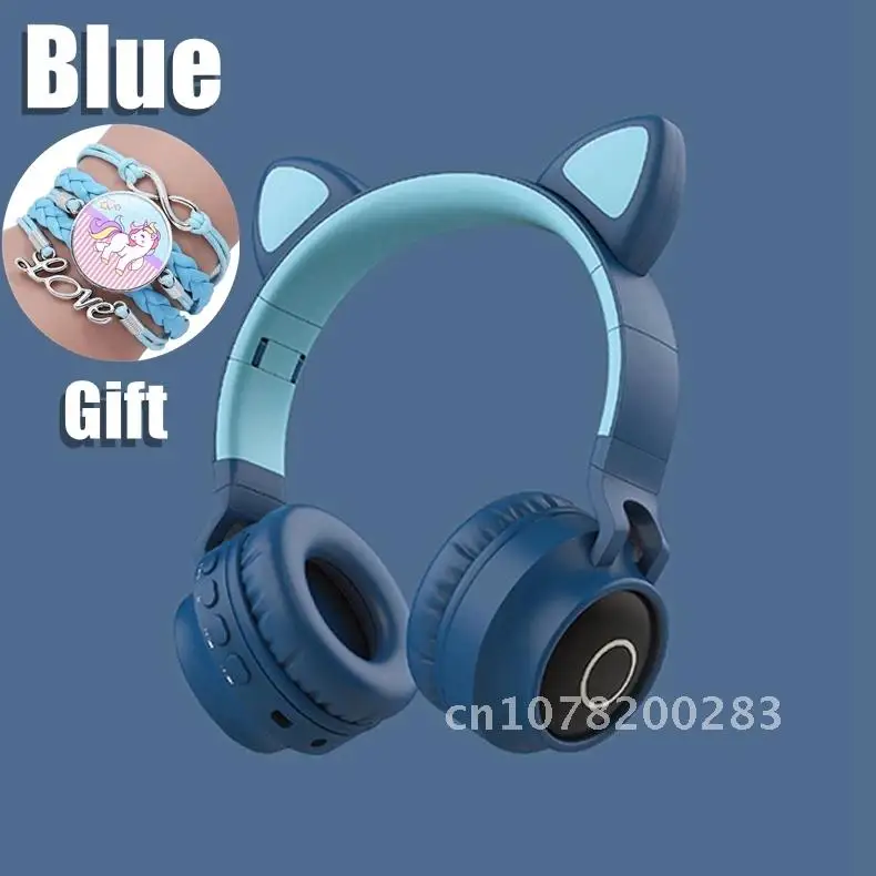 Wireless Red Cat Ear Headset Noise Cancelling Bass Kids Girl fone de ouvido Support TF Card Casco With mic Unicorn bracelet Gift