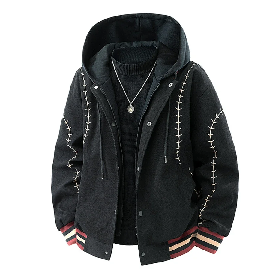2026 New Men's Zipper Hoodie Jacket Fake Two-piece Embroidery Design Spring Autumn Casual Fashion Hooded Coat Male Streetwear Ou