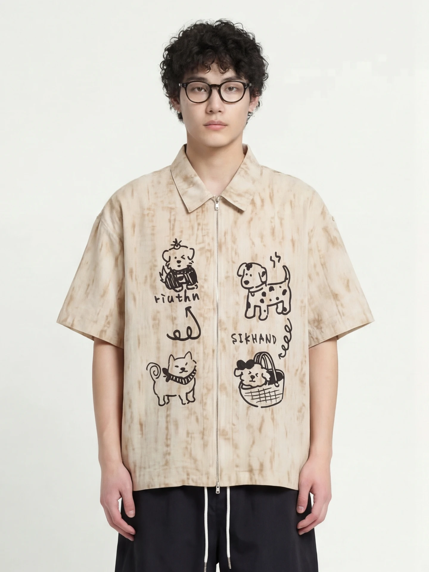 

Loose ort Sve irt Men's fiti Tie Dye Zipper Animal Doodle irt Breathable Casual Sle Polyester Fiber Summer irt