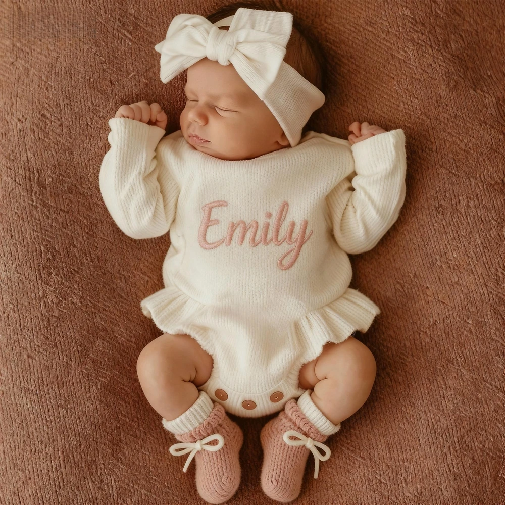 

Newborn Photography Outfit Personalized Baby Girl Knit Romper with Ruffle Skirt Custom Name Embroidery Bow Headband Photo Prop