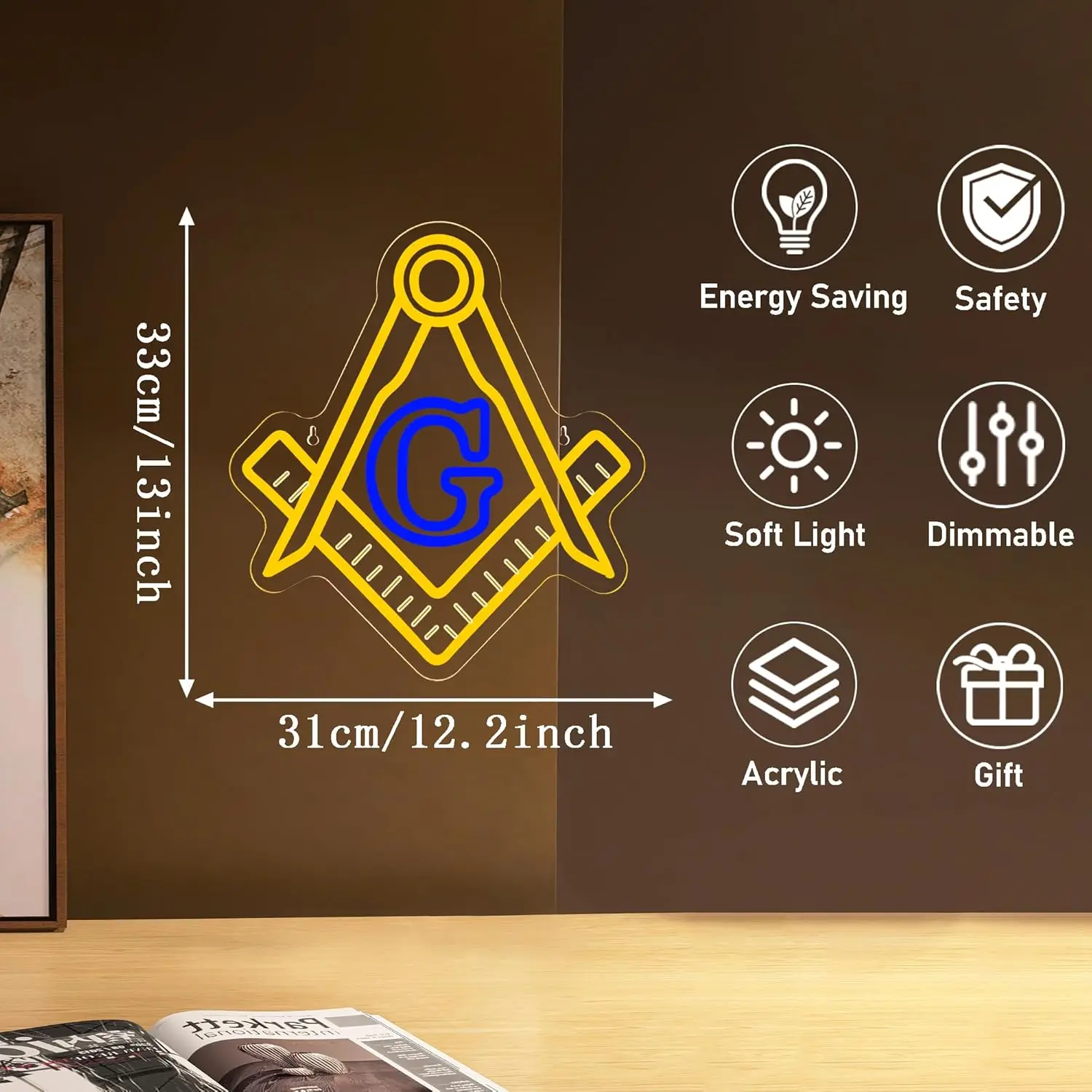 Masonic Neon Sign LED Neon Light Symbolic Decor for Brotherhood Historical Wall Game Room Study Man Cave Wall Decor Gifts