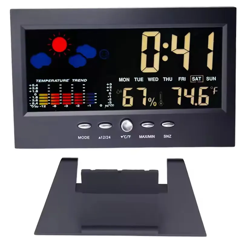 محطة الطقس الرقمية درجة الحرارة مقياس الرطوبة على مدار الساعة ميزان الحرارة الرطوبة التقويم درجة الحرارة الاتجاه إنذار مستوى الراحة