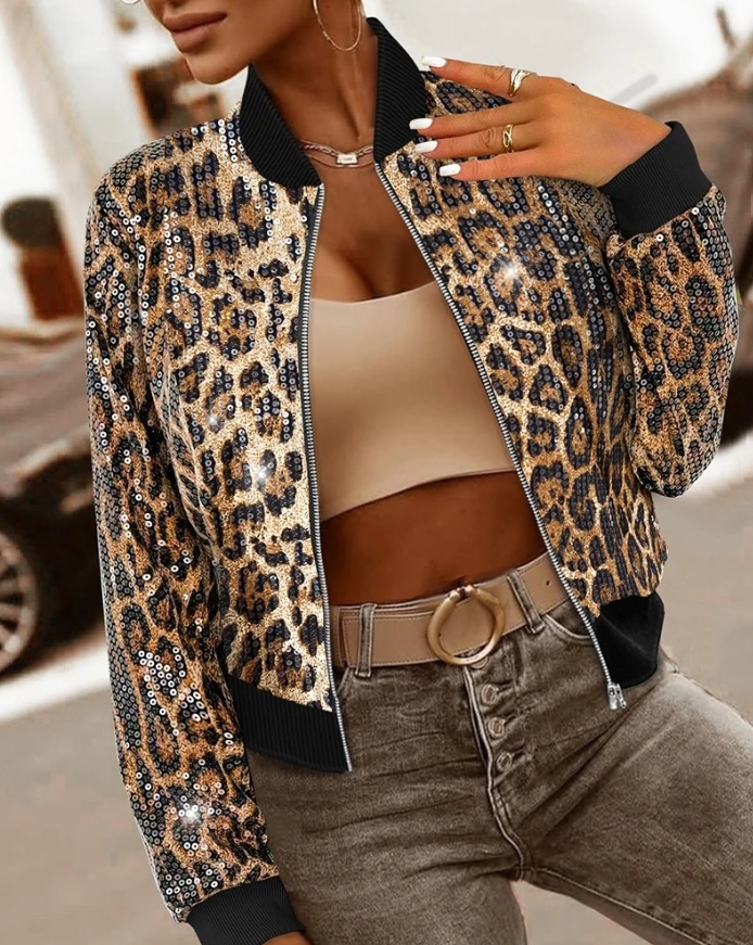 Women's Coat Fashionable Winter New Leopard Pattern Allover Sequin Baseball Collar Long Sleeves Jacket Front Zipper Casual Coat