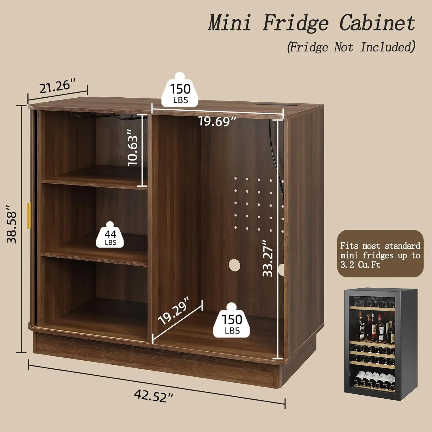 Coffee Bar Cabinet with Fridge Space, 42.5” Mini Fridge Cabinet | Fits Most Mini Fridges, Power Outlet & Wine Glass Racks, Modern Fluted Sliding Door, Coffee Bar & Wine Storage, Walnut image 2