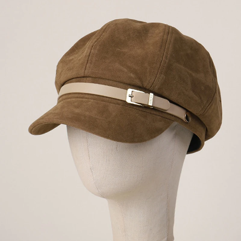 

Octagonal Hat Women Suede Newsboy Cap With Belt Autumn Winter Windproof Warm Accessory For Sun Protection Outdoor Casual Fashion