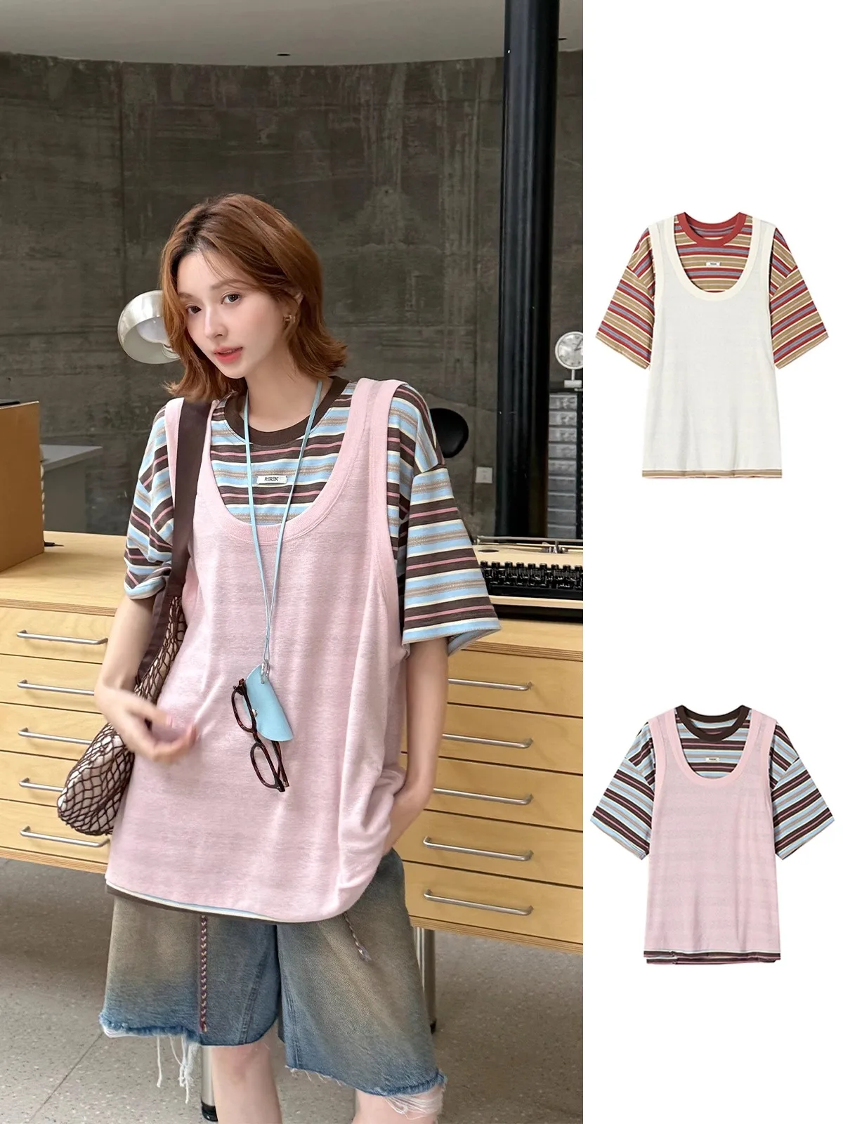 

Футболка с полосками и цветовыми блоками, имитация двухслойности, свободный крой, короткий рукав, круглый вырез, стандартная длина