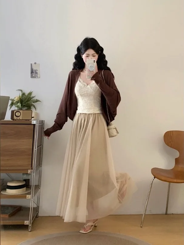 

plus Size Women's Knitted Long Sleeve Crop Top And Skirt Set High Waist Slimming Half-length Sun Protection Vest Korean Style