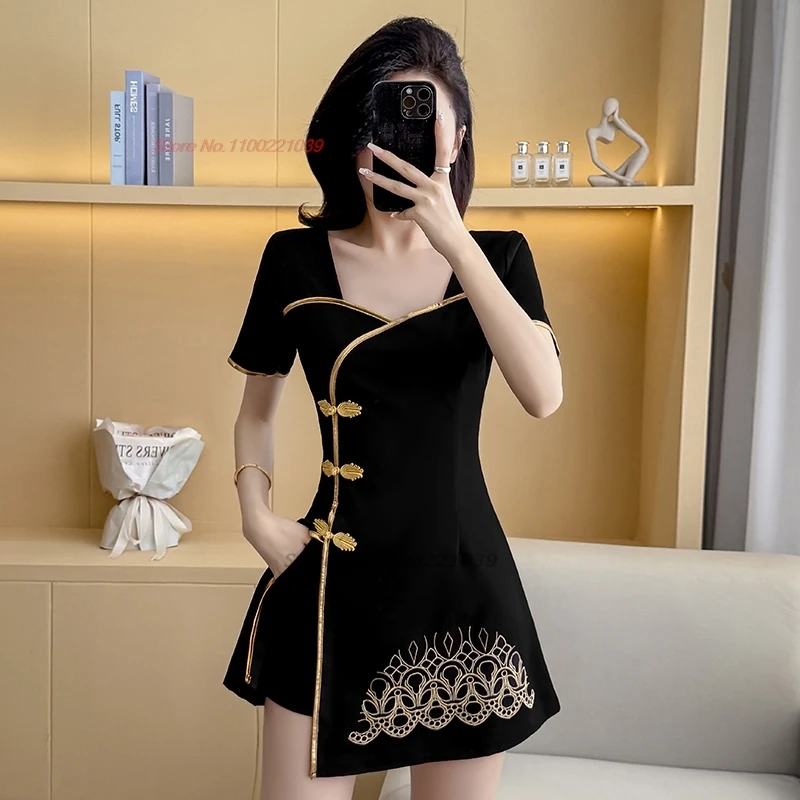

2025 chinese improved qipao cheongsam traditional flower embroidery qipao dress+shorts hotel spa work dress beauty uniform qipao