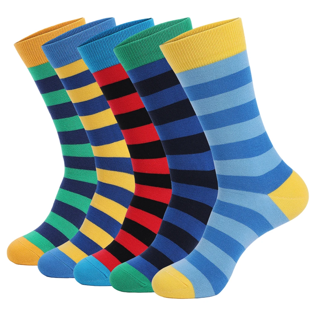 5 Pairs Men Dress Socks Funny Soft Breathable Casual Cotton Fashion Colorful Striped Business Novelty Socks Size EU 42-48