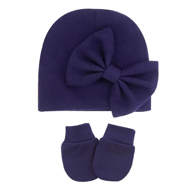 2 Pcs Cute Bowknot Turban Beanie Cap Soft Cotton Comfy Baby No Scratch Mittens Kit Baby Anti Scratching Gloves Hat Set