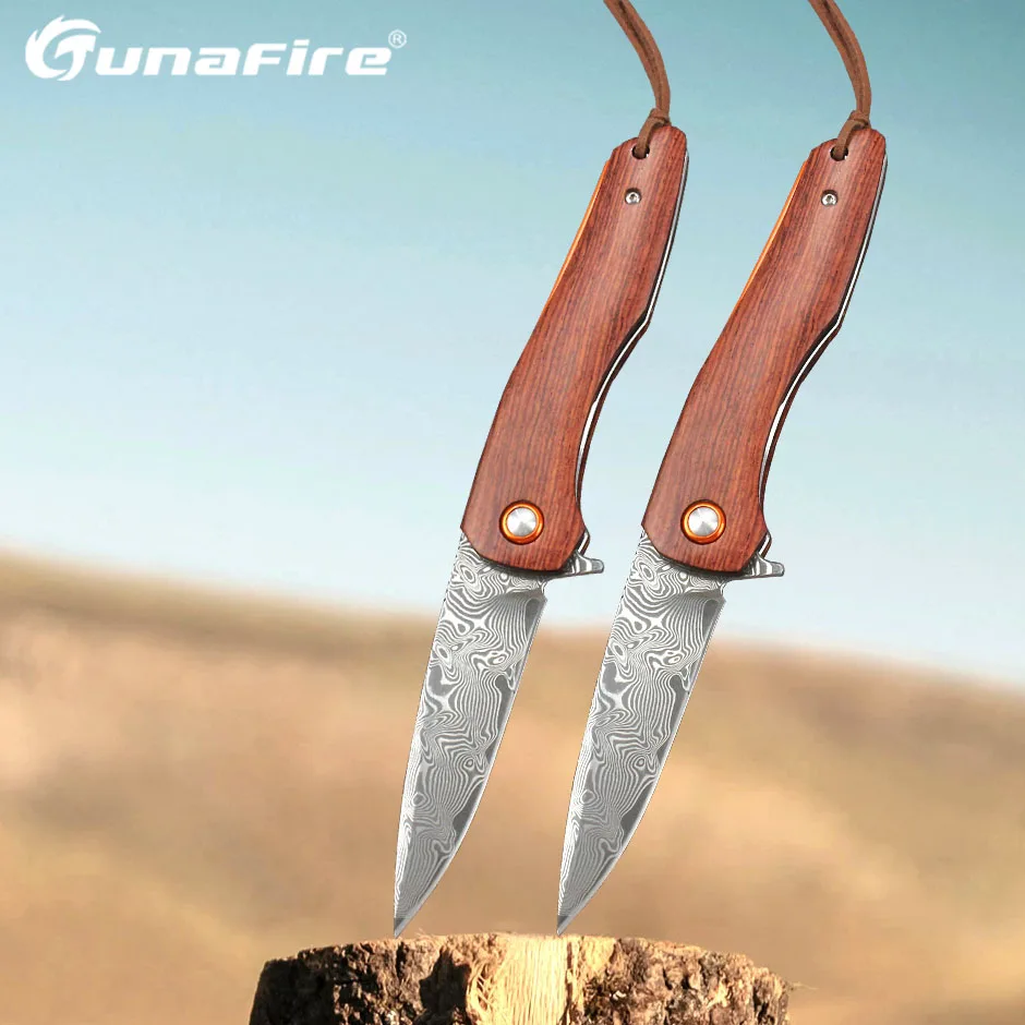 

Tunafire Folding Knife Sour branch Wood handleDamascus VG10 Steel Blade High Hardness Camping Outdoor Pocket Knife For Men