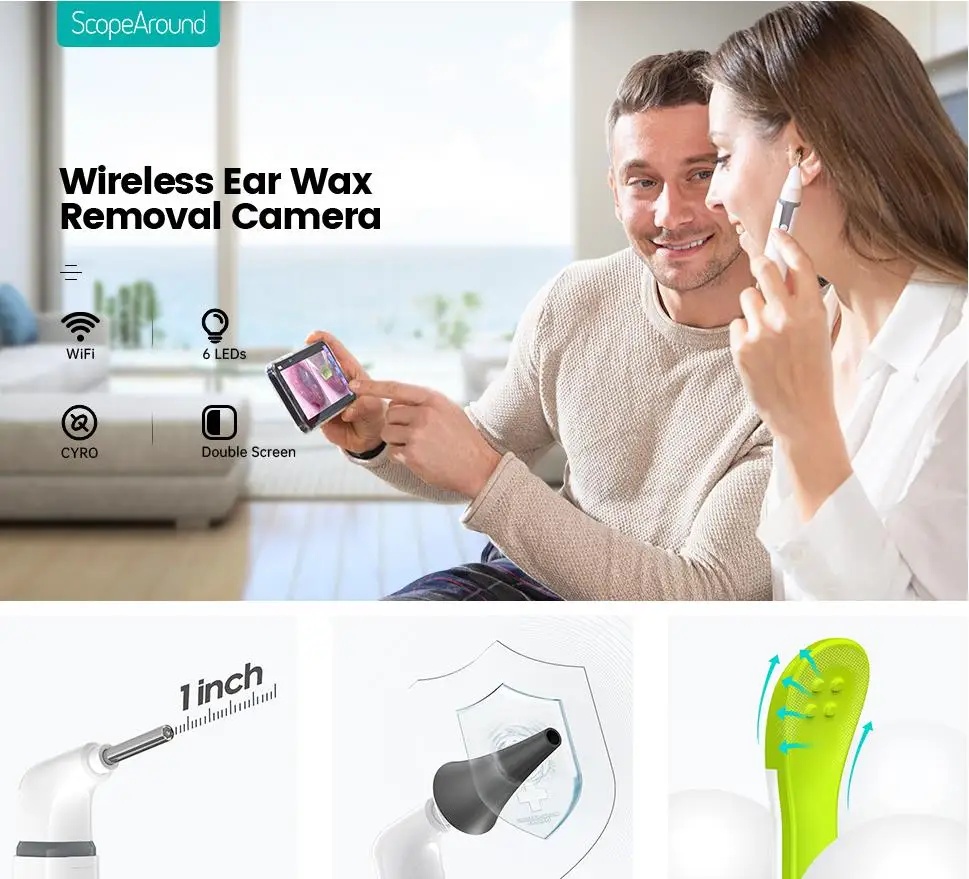 Wireless Otoscope Ear Camera with Dual View 3.9mm 720P WiFi Ear Scope with 6 LED Lights for Kids and Pets work with IOS Android