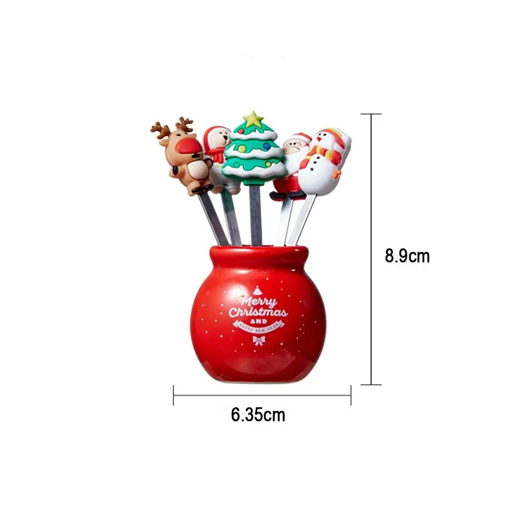 1 Set Christmas Tree Stainless Steel Dessert Fruit Forks With Holder Set Mini Cute Salad Food Cutlery Dinnerware Kitchen Gadgets