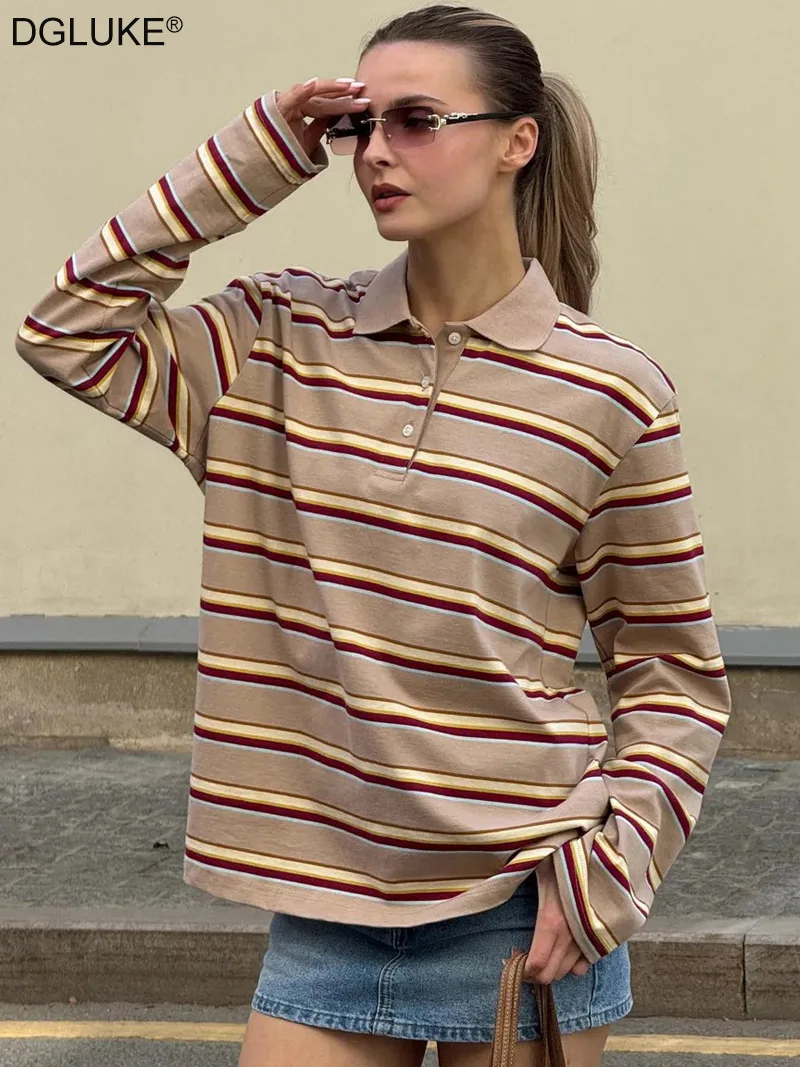 

DGLUKE Striped Polo Shirt For Women Turn-down Collar Long Sleeve Cotton T shirt Fashion Oversized T-shirt Streetwear
