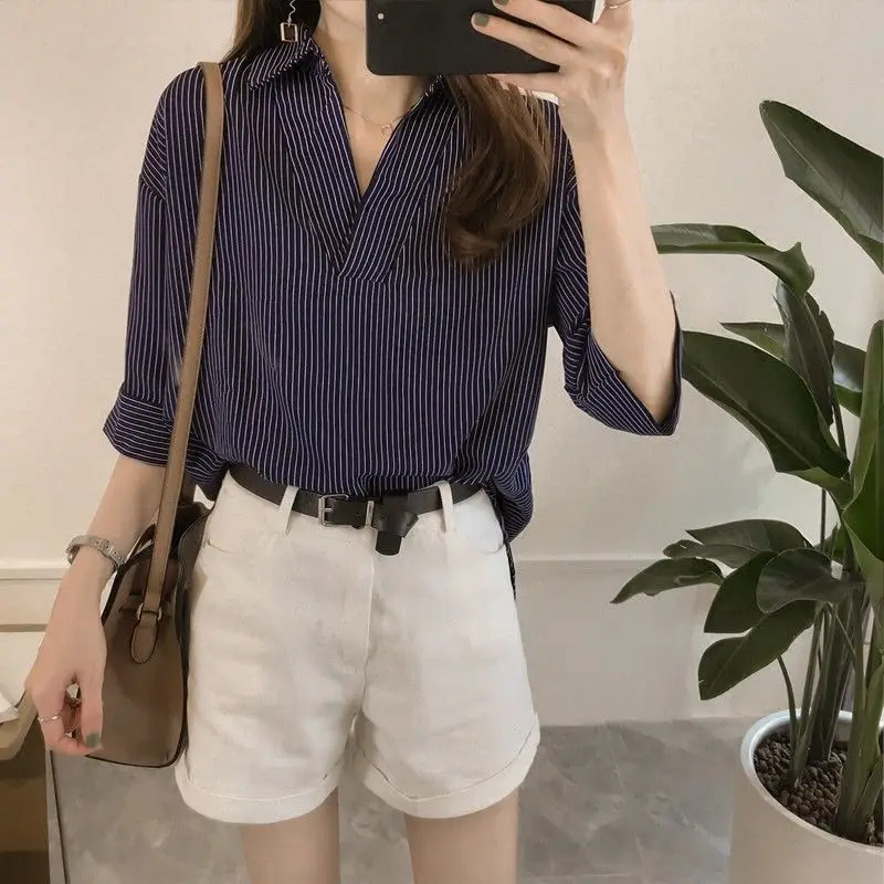 Office Lady Stylish Striped Blouse Spring Summer New 3/4 Sleeve Korean Loose Turn-down Collar Female Clothing Drawstring Shirt