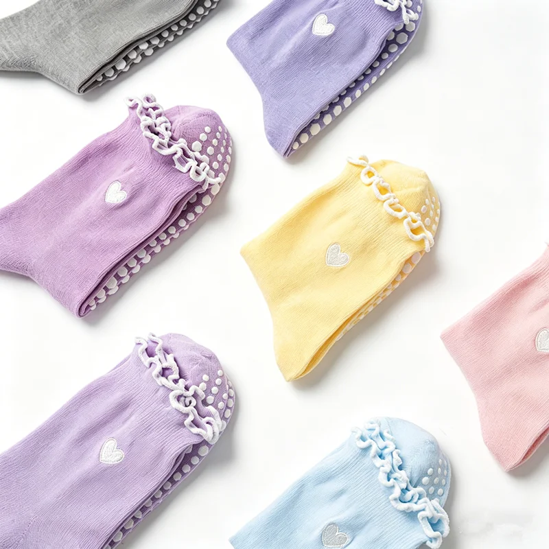 3 Pairs Women Heart Pattern Frilly Yoga Pilates Socks Non-Slip Silicone Grips Mid-Calf Indoor Sports Dance Floor Socks image 5