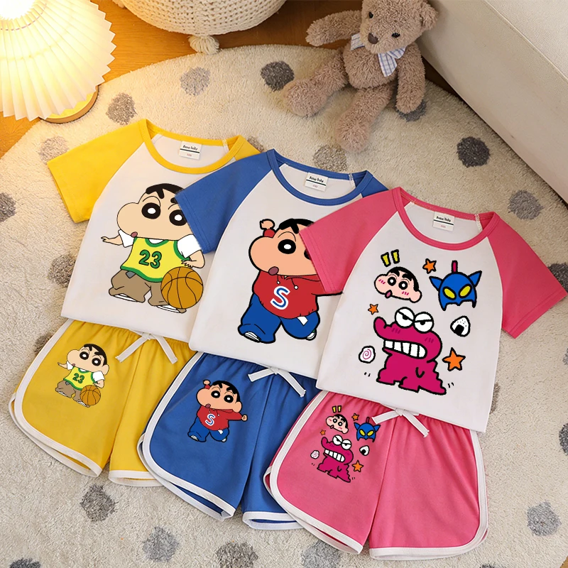 

Crayon Shin-chan Raglan Sleeve Short Sleeves Shorts Suit Children T-shirt Set Boy Girl Anime Cartoon Sportswear Set Kids Tees
