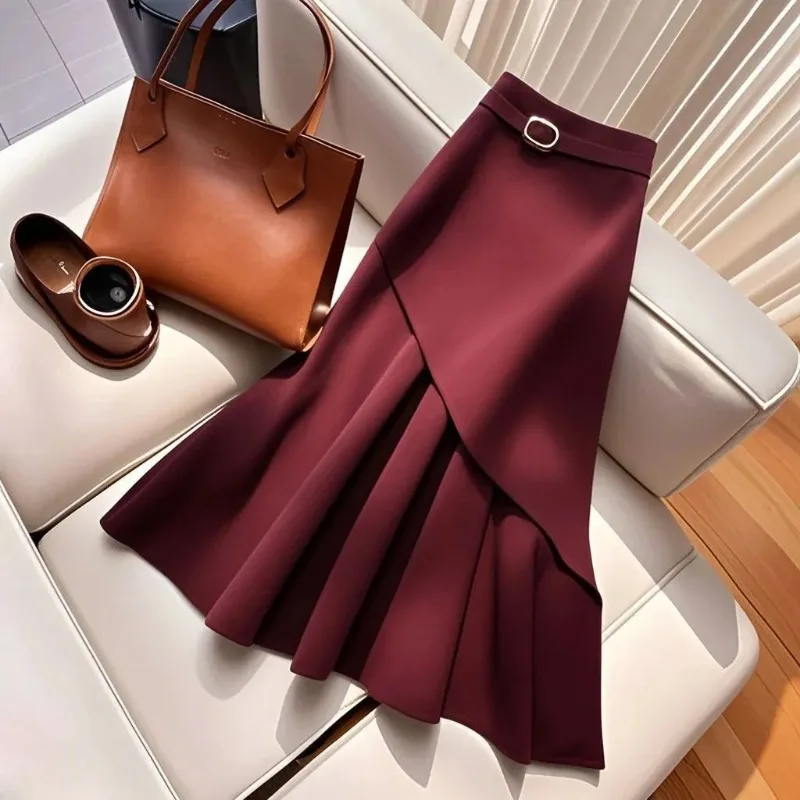 

Women's Midi Skirt High Waist Asymmetric Pleated Fishtail Hem