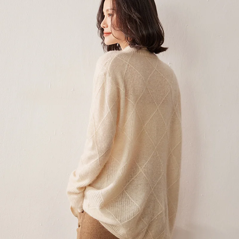 

Женский 100% кашемировый вязаный кардиган с лацканами, утепленный свитер, пальто с семью булавками, жаккардовая верхняя одежда с ромбовидной решеткой