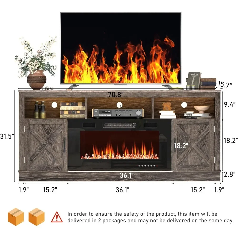 Farmhouse Fireplace TV Stand for 70/75/80 Inch TV, 32”Tall Entertainment Center w/ 36”Electric Fireplace & LED Light,