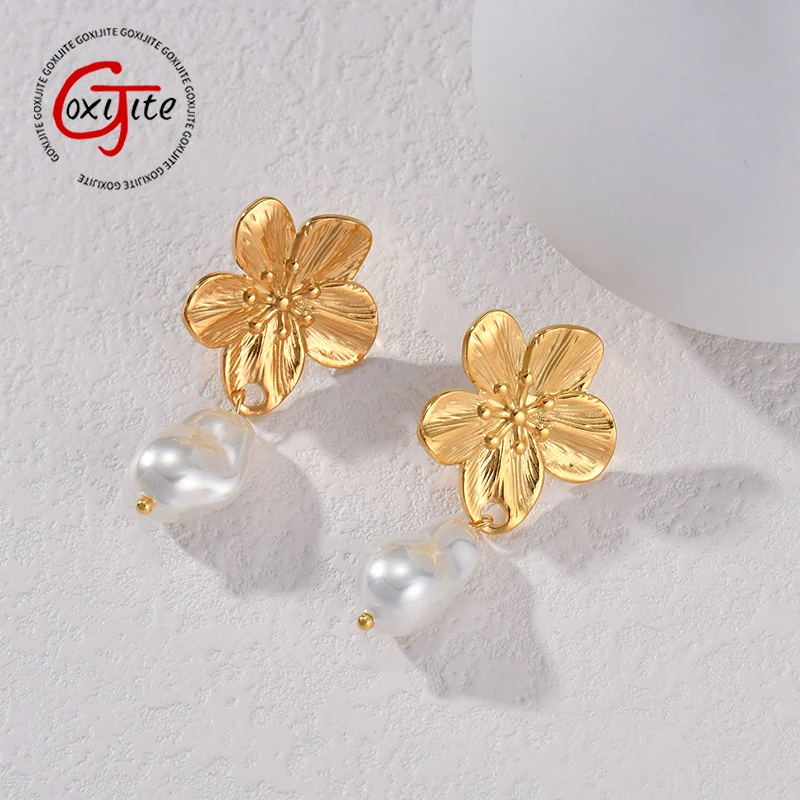 Goxijite New Simple Gold Color Earrings Imitation Pearl Stainless Steel Flower Love Exquisite Earrings  Women Girls Jewelry Gift