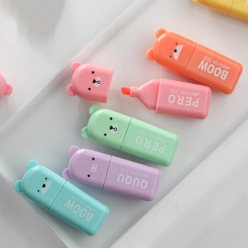 

6PCS/Set Bear Highlighter Pen Mini Fluorescent Kawaii Pastel Marker Pens Stationery Material Escolar Papelaria School Supplie