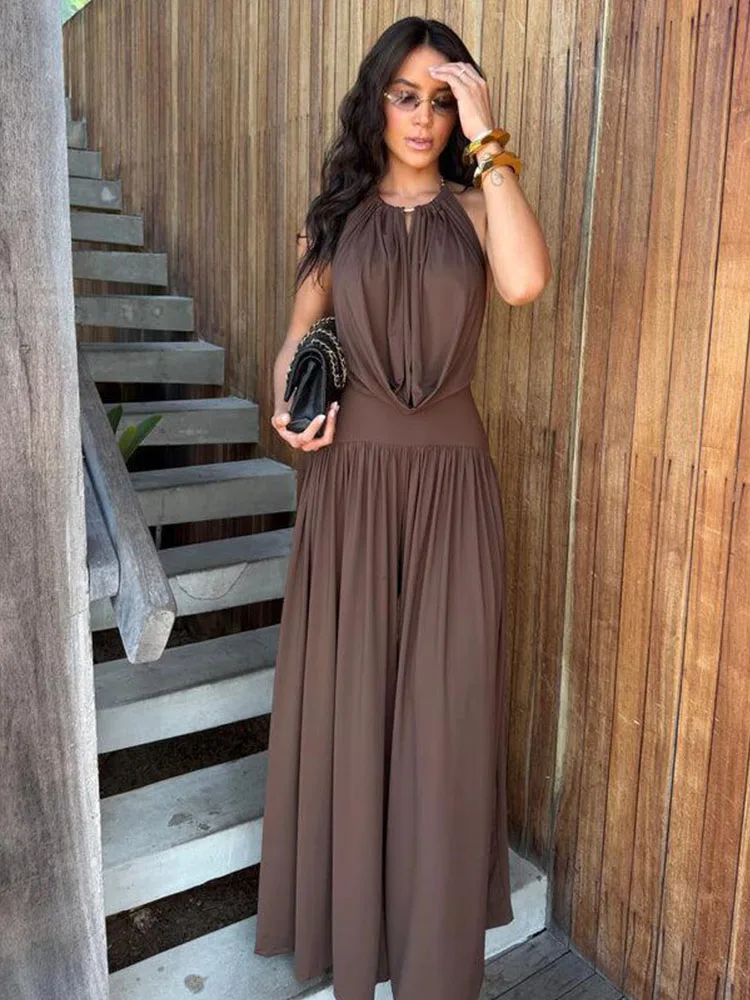 

Doyerl Elegant Ruched 2 Piece Sets Woman Clothing Loose Sleeveless Halter Backless Top and Wide Leg Pants Matching Sets Outfits