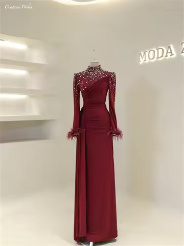 Contessa Customized Feather cuffs Rhinestone collar Prom Dress Half-slip Column robes de soir&eacute;e Muslim Women evening gala dress