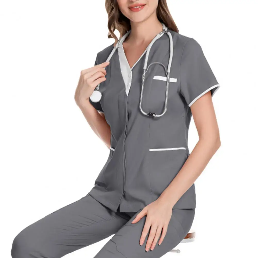 

2025 Dental Surgery Tops Workwear Nurse Uniform V-Neck Short Sleeve Hospital Nurse Tops Patchwork Color Buttons Neckline Tops