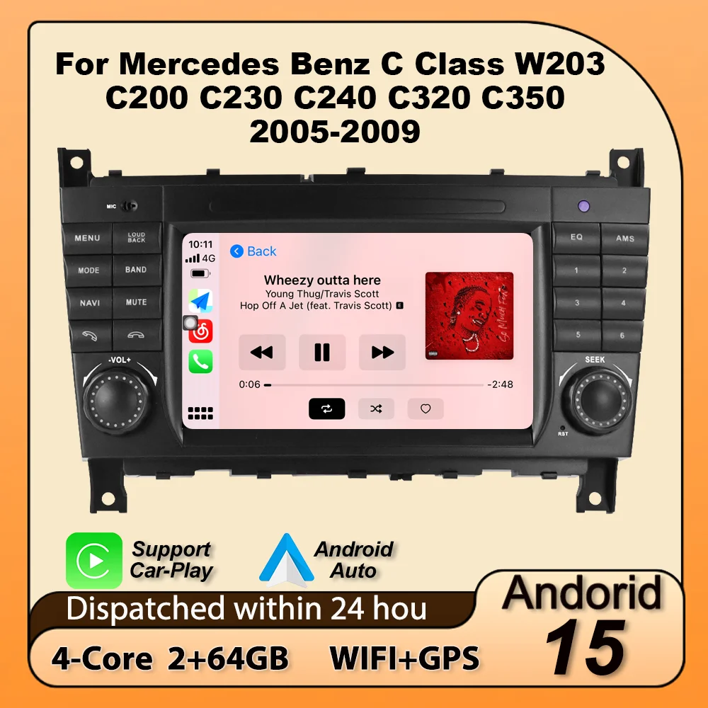 Radio para Auto Android 15 64G con Carplay, GPS y Sistema de Audio Inteligente Multimedia Central para Mercedes Benz Clase C W203 CLC W203 2004 - 2007
