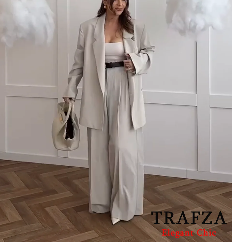 

TRAFZA Women Casual Office Lady Suit Loose Blazer Belted Wide Leg Pants Suit Set New 2025 Spring Summer Fashion Commuter Set