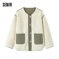 Semir Coat Women Mid-Length Diamond Check Imitation Lamb Wool Winter 2024 New Contrasting Colors Quilted Jacket Two-Sided Wear