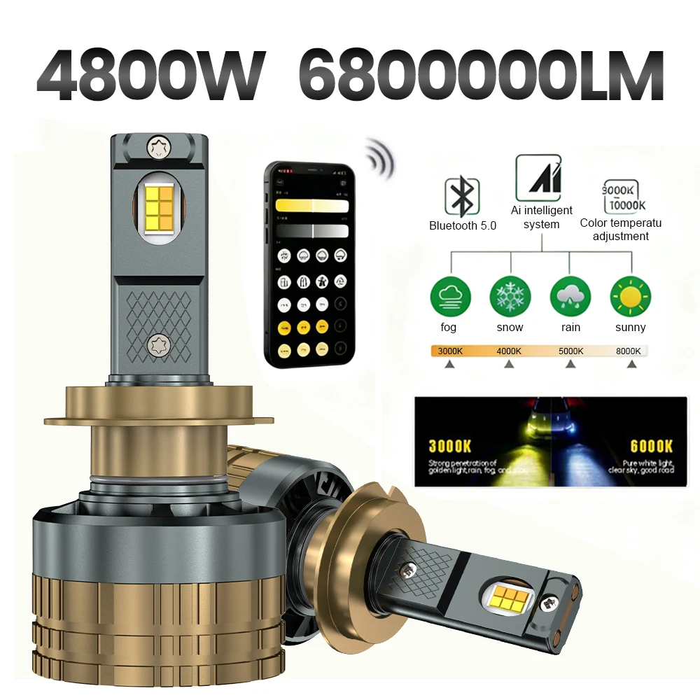 

2pcs APP control H7 car headlight bulb 4800W H4 mini turbo headlight wireless H1 H11 9005 HB3 9006 HB4 LED car light
