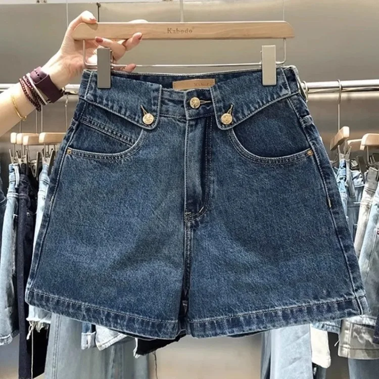 

European high-end design denim shorts, women's summer new wide leg pants, high waisted with rolled edges, A-line hot pants trend