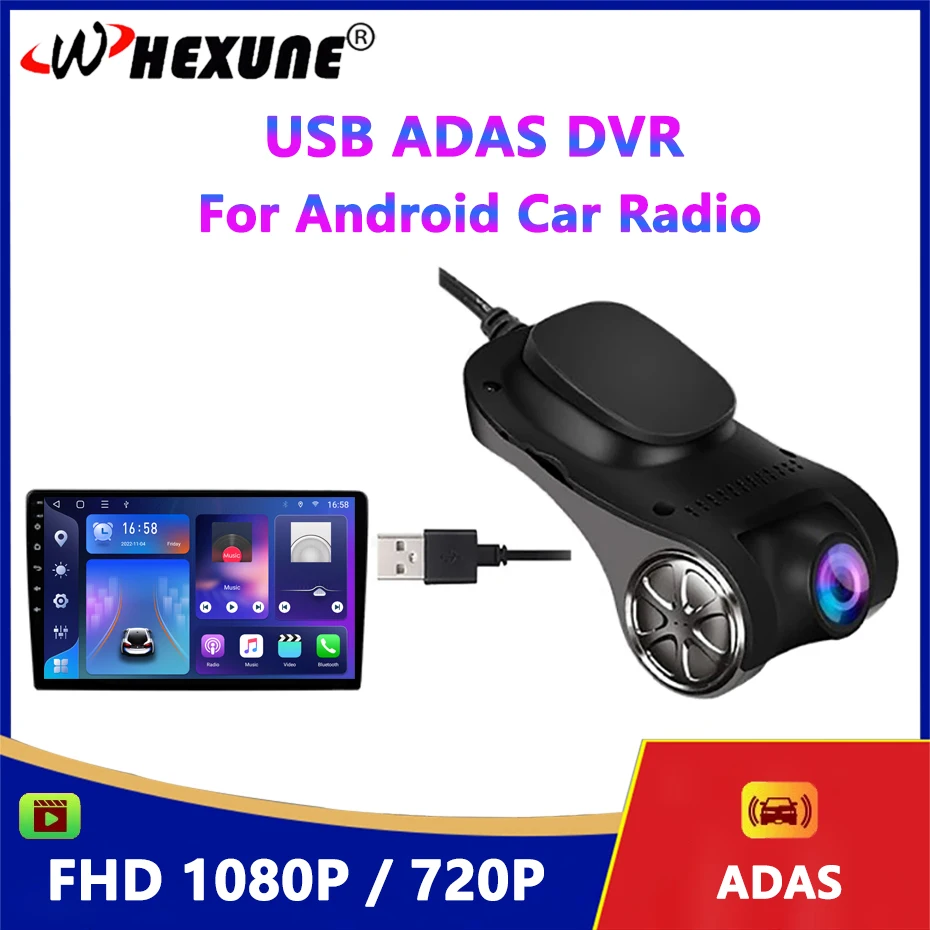 WHEXUNE Car Dvrs Cameras Usb for Multimedia Android Full HD1080P ADAS Dash Cam Video Recorder Night Vision For Player Navigation