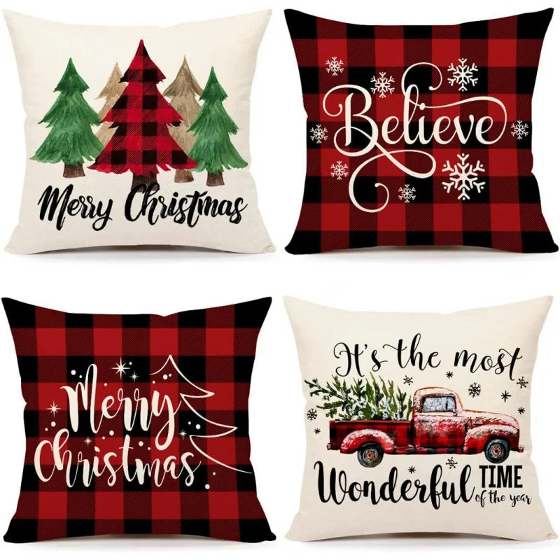 

4TH Emotion Buffalo Check Christmas Pillowcase Set of 4 Red and Black Farmhouse Winter Decoration Home Sofa Cushion Cover