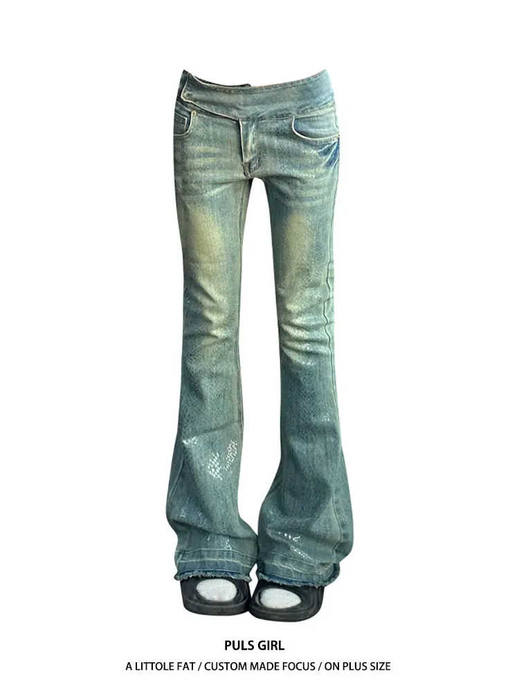 

Джинсы-клеш с низкой талией для женщин больших размеров в американском стиле, с эффектом потертости, с принтом под змеиную кожу, облегающие, удлиненные, прикрывающие ягодицы