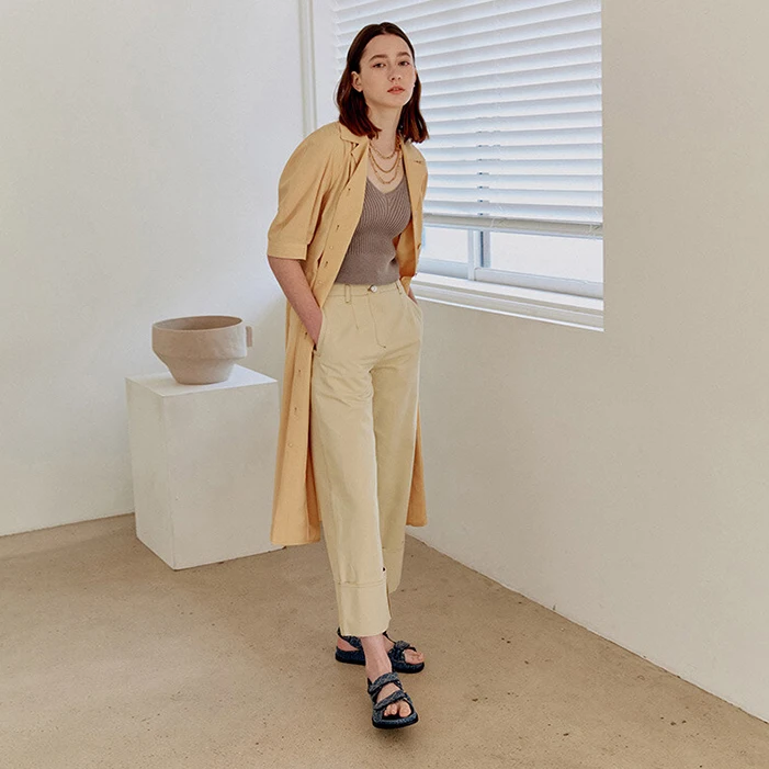 퓨어 코튼 하이 웨이스트 스트레이트 레그 와이드 레그 팬츠 다목적 턴업 캐주얼 바지 한국 스타일 통근 바람 여름 202