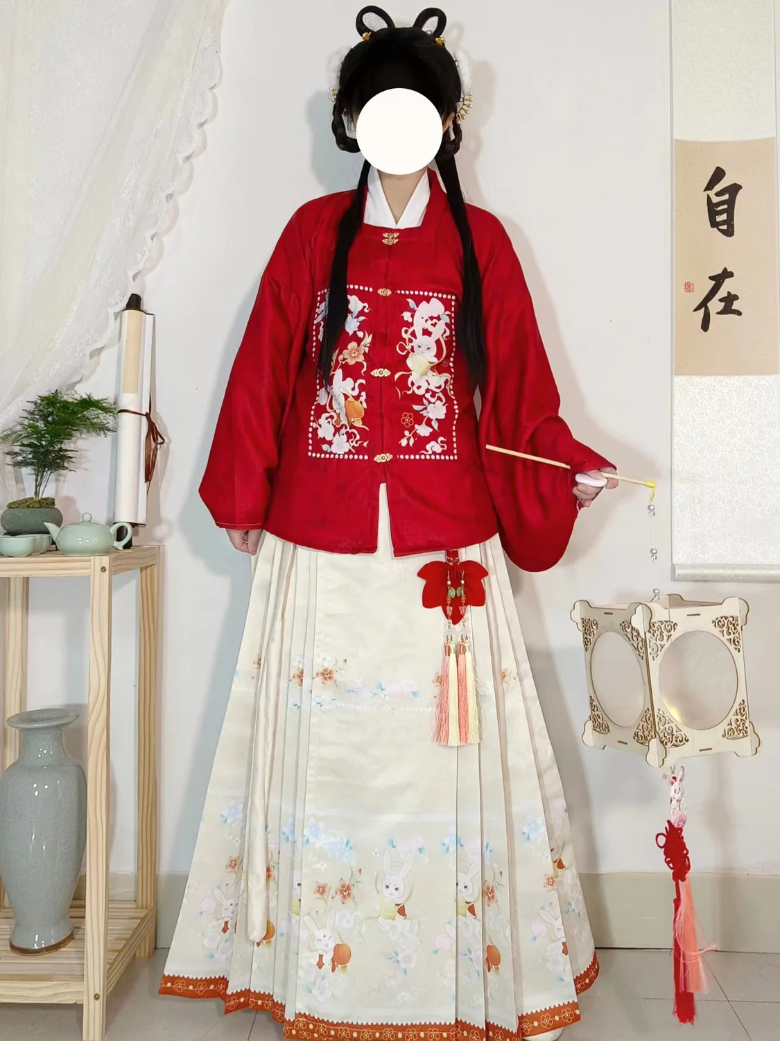 Primavera 2023 ano do coelho hanfu para mulher ming dynasty ma mian saia vermelho verde quadrado pescoço trajes de manga grande