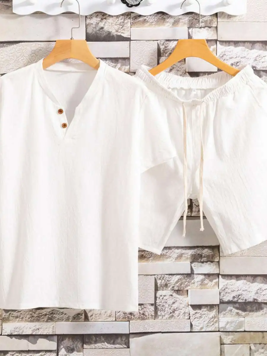

Summer Men's Cotton Linen ort Sve ort Pants Set Pure Color Simple Two T-irts Ensemble Casual Comfortable Breathable