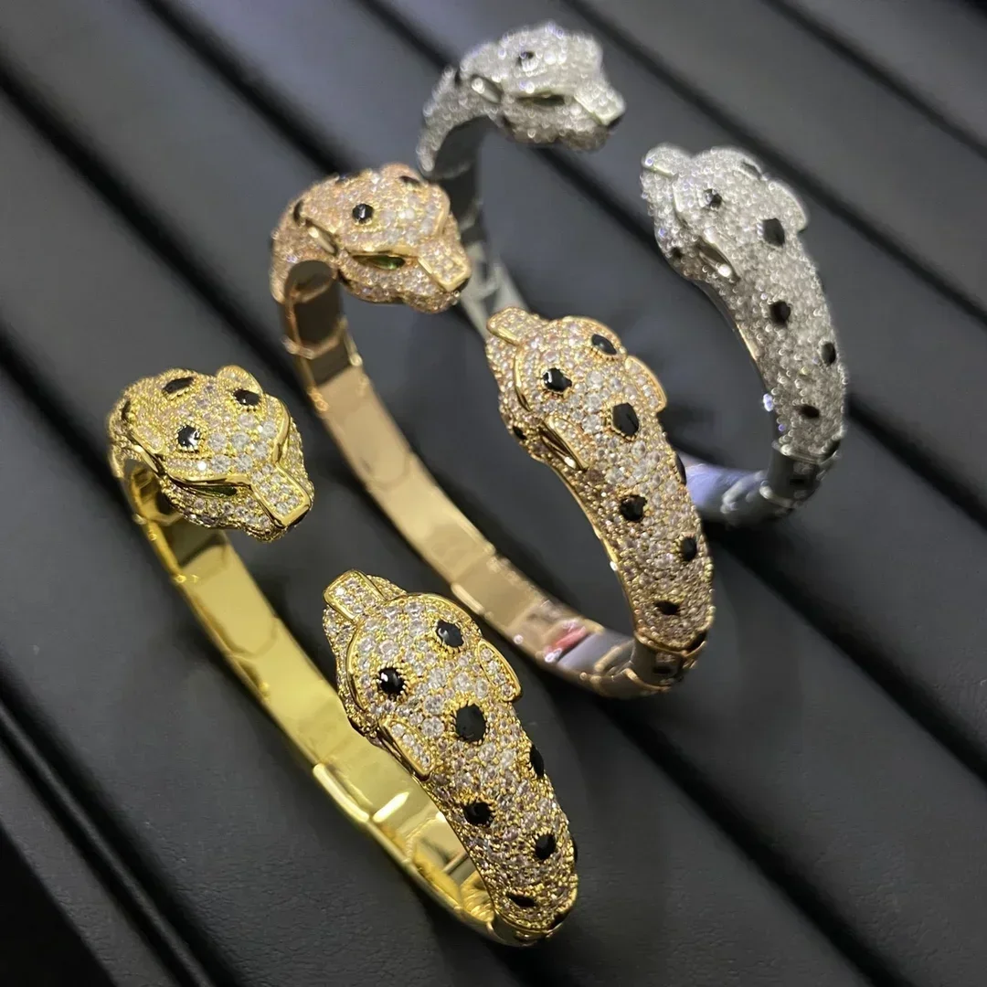 

2025 New s925 Silver luxury style bracelet Female inset Czech zircon black spot green eyes double leopard head open bracelet