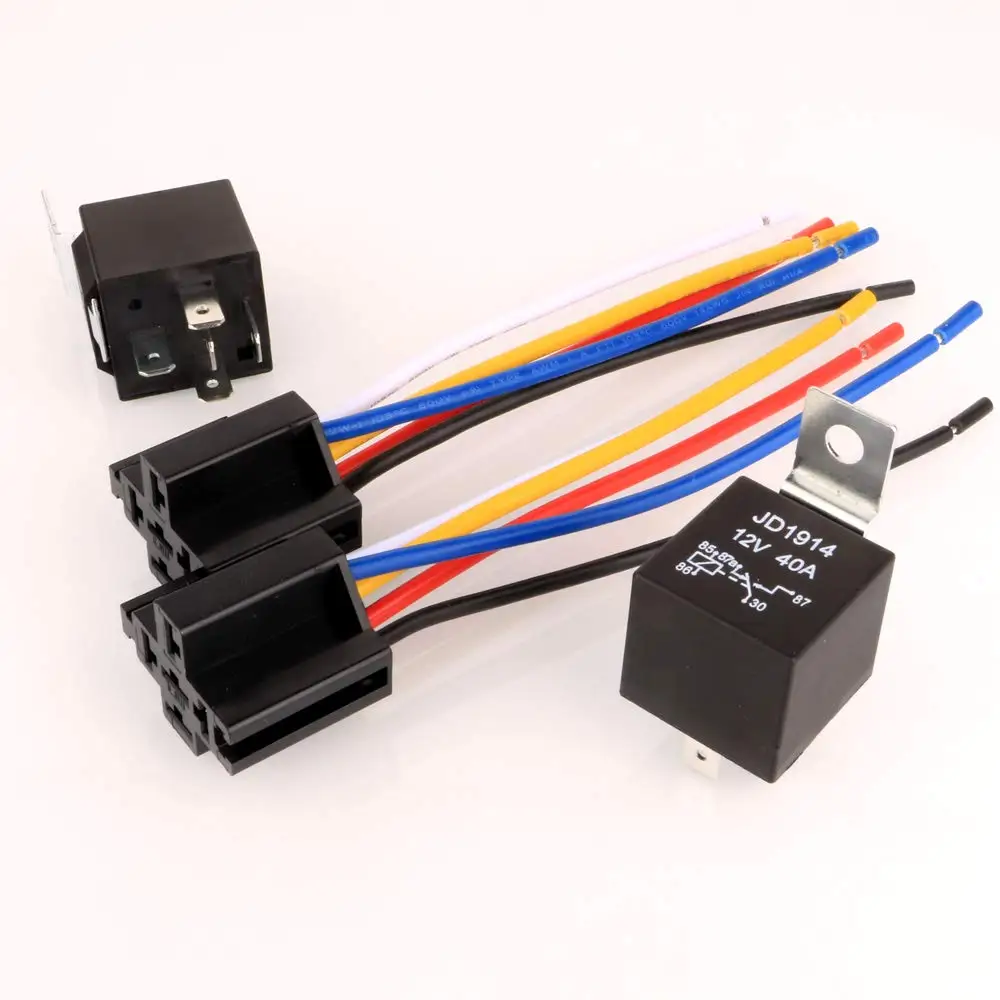 JD1914 12V 40A Car Relay with 12AWG Harness Sockets, 5 Pin SPDT Relay with Color-Labeled Wires for Automotive Truck Van Motorcyc