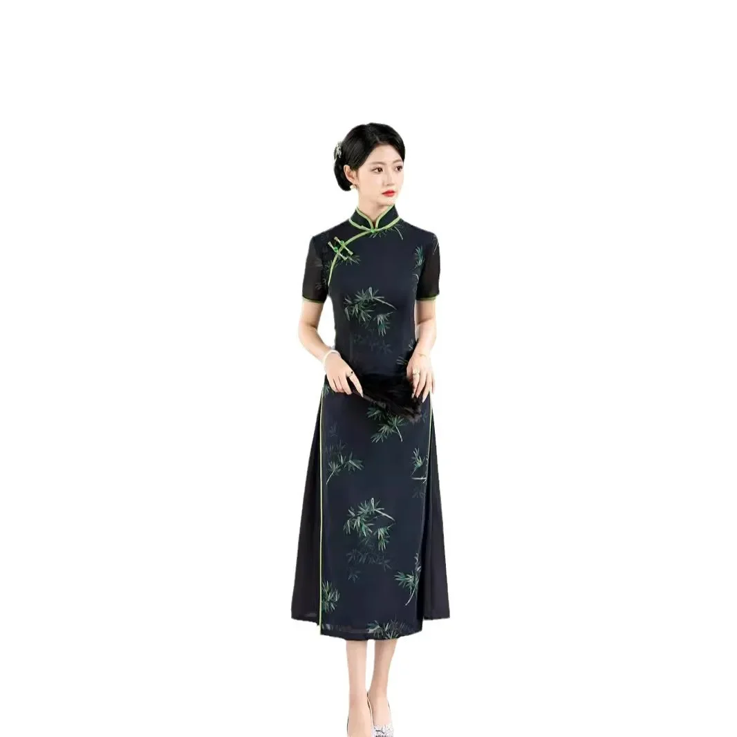 Yourqipao preto chinês tradicional cheongsam novo estilo 2024 estilo jovem menina magro melhorado qipao para mulher