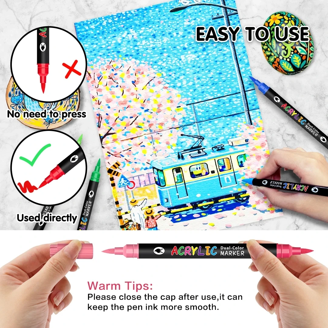 24/48/72 لون علامات طلاء أكريليك، أطراف مزدوجة لون مزدوج لطلاء الصخور، قماش، خشب، زجاج، سيراميك، قماش، بلاستيك، فرشاة ناعمة #6