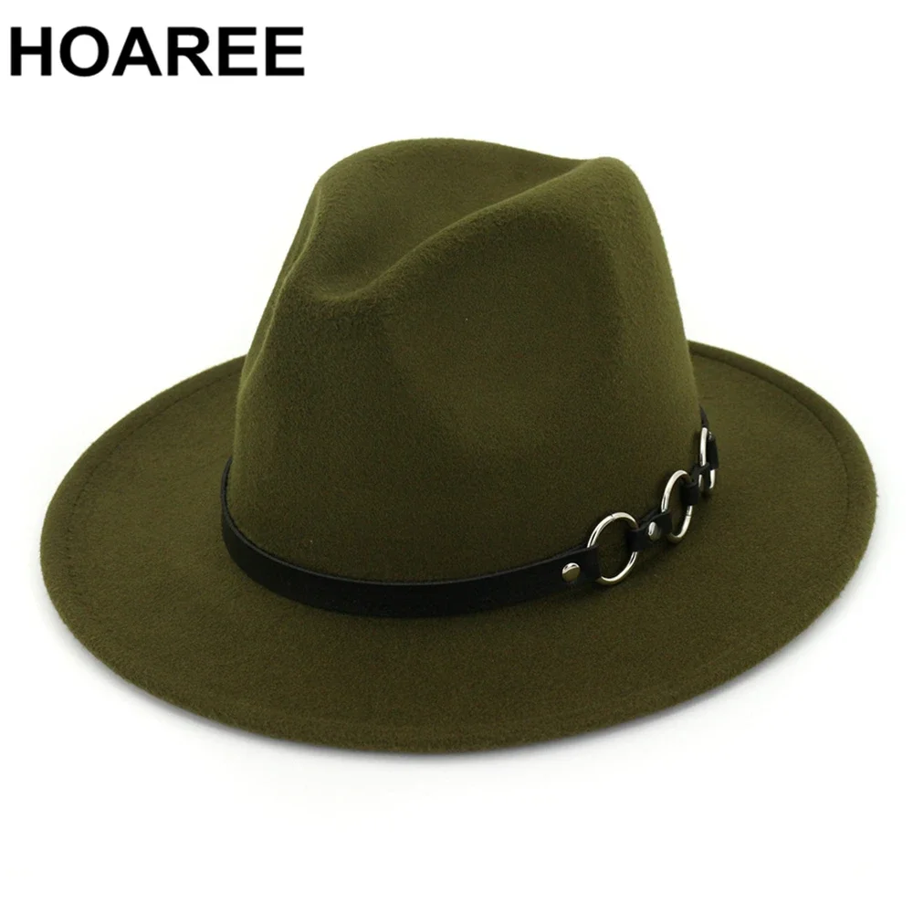 

HOAREE Women Fedora Hat Woolen Army Green Jazz Hat Ring Belt Ladies Wide Brim Tribby Hat Solid Autumn Female Vintage Felt Hats