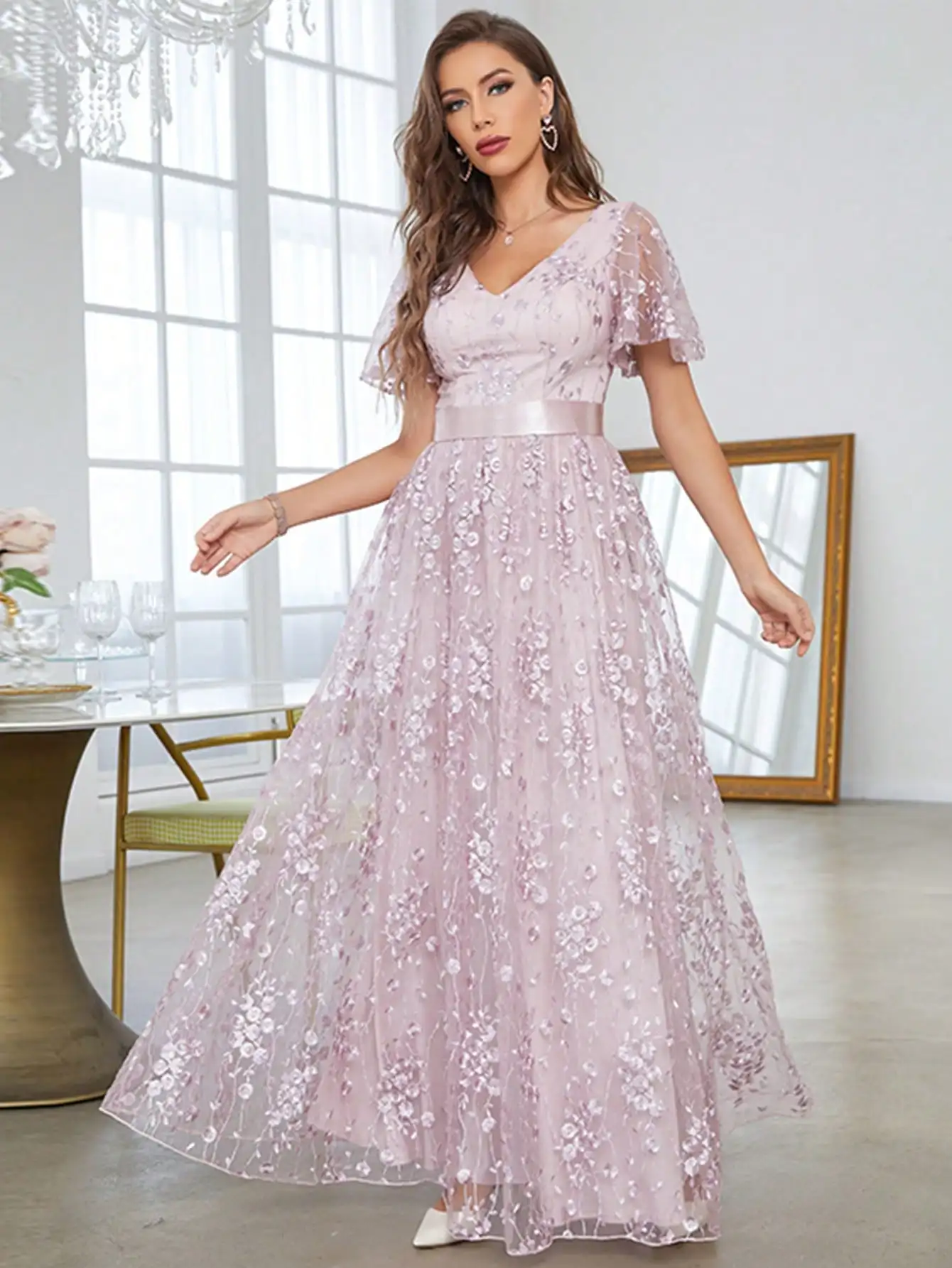 Mgiacy V-neck Romantic embroidered lace flared sleeves full skirt Evening gown Ball dress Party dress Bridesmaid dress